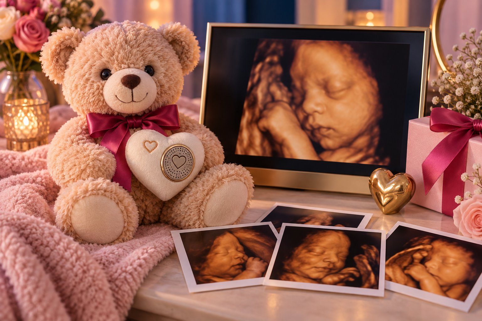 Teddy bear heartbeat keepsake with 3D/4D ultrasound viewing display and selected color photo prints