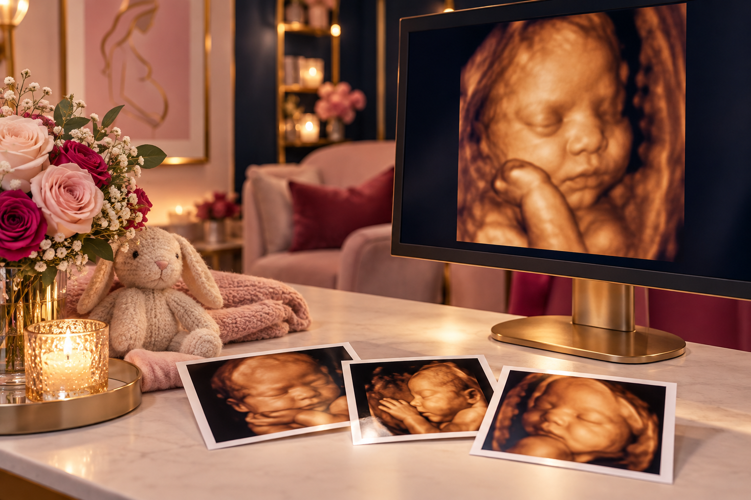 Warm 3D/4D ultrasound viewing display with selected color photo prints for the Little Peek package