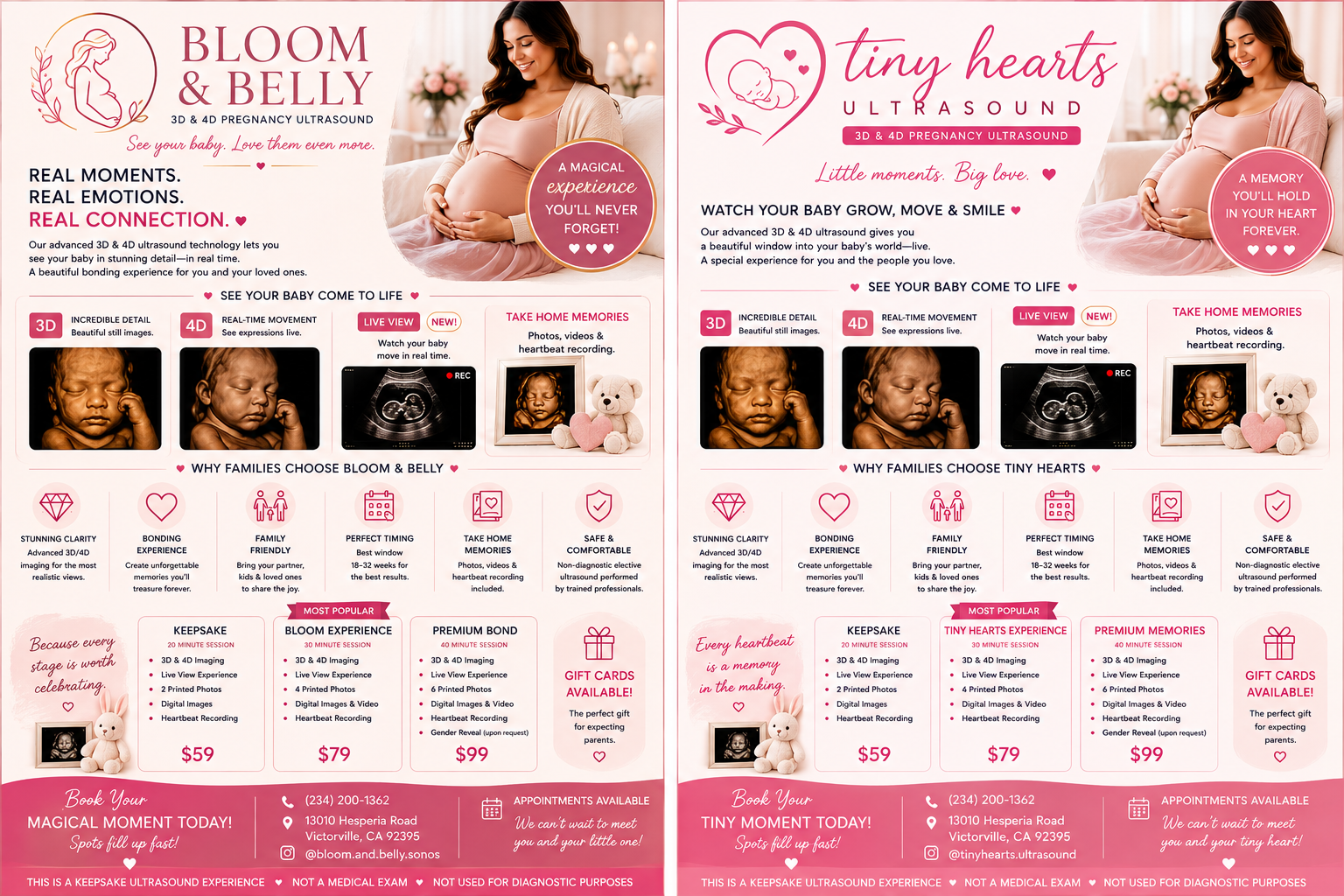 Tiny Hearts Ultrasound — heart enclosing a baby, with pink handwritten lettering